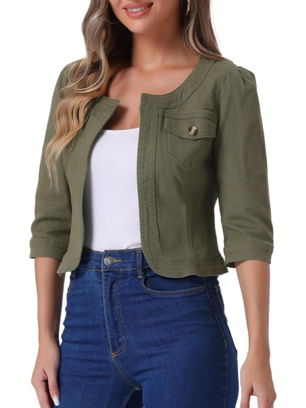 〽️Women’s Army Green Denim Cardigan | Short Cropped Jean Jacket with 3/4 Sleeves